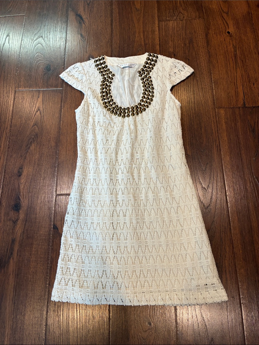 Trina Turk Cream Crochet Mini Dress with Gold Embellished Neckline
